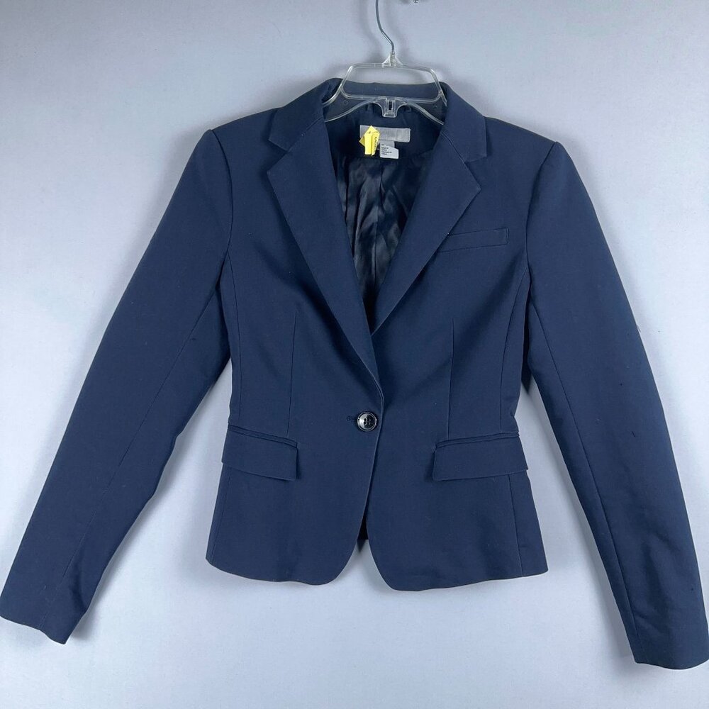 H&M Suit Blazer Jacket Womens Size 2 Lined Front Long Sleeves Navy Blue